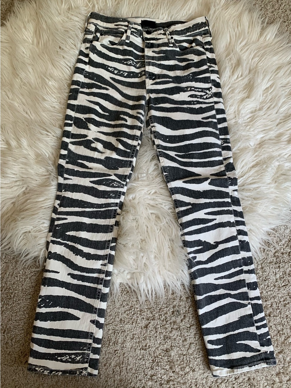 MOTHER Black & White Zebra-Stripe Straight Leg Jeans